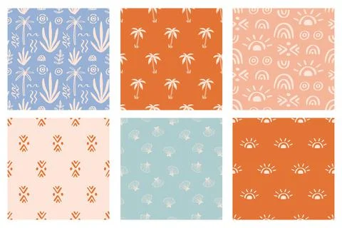 Beach simple boho seamless pattern set Stock Illustration