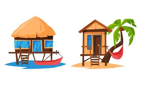 Beach Small House and Bungalow on Piles with Sloping Roof Rested on Sand Vector Stock-Illustration
