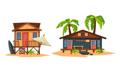 Beach Small House and Bungalow on Piles with Sloping Roof Rested on Sand Vector Stock-Illustration