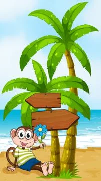 A beach with a smiling monkey sitting under the wooden arrowboard Illustrazione stock