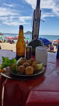 Beach snack scene with drinks Stock Photos