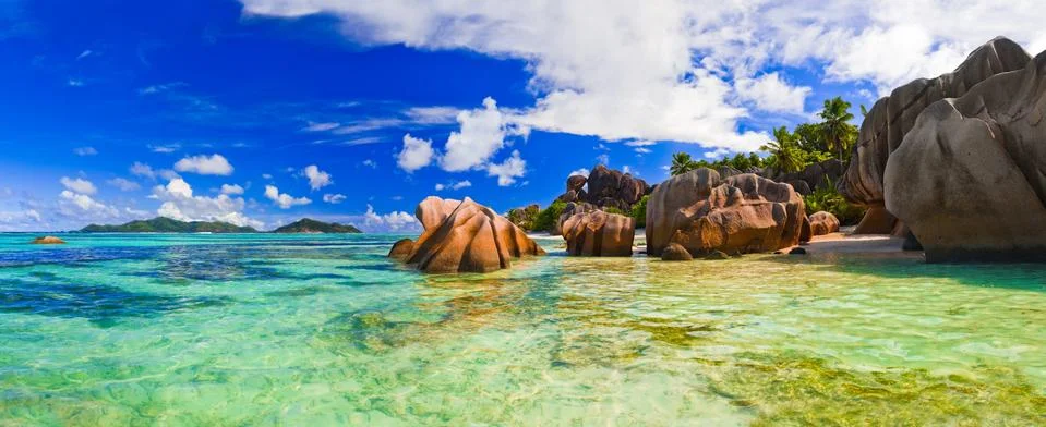 Beach Source d'Argent at Seychelles Stock Photos