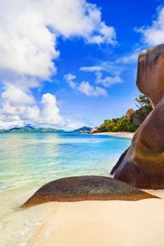 Beach Source d'Argent at Seychelles Stock Photos