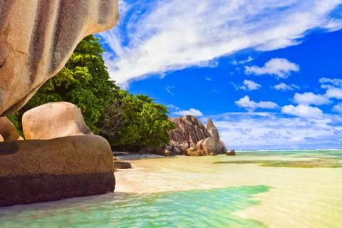 Beach Source d'Argent at Seychelles Stock Photos