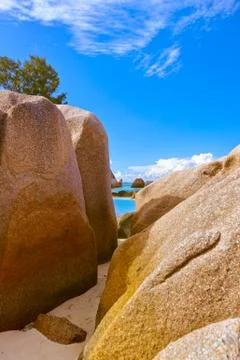 Beach Source d'Argent at Seychelles Stock Photos