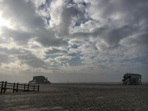 Beach in St. Peter-Ording on a cloudy day in winter Stock Photos