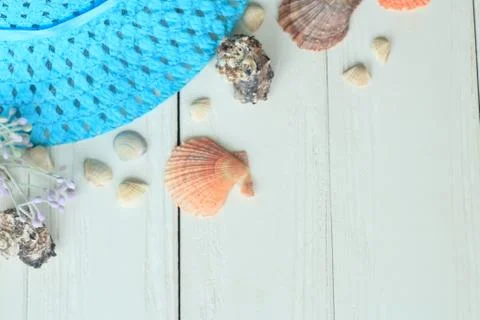 Beach straw hat and seashells on a wooden background.photo with place for text Stock Photos