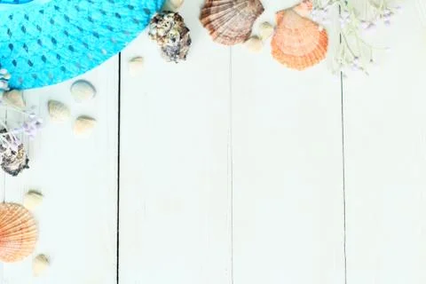 Beach straw hat and seashells on a wooden background.photo with place for text Stock Photos