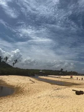 Beach with stream and cloudy sky Фото