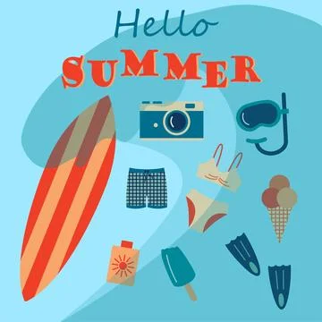 Beach stuff. Summer beach isolated elements, swimsuit, ice-cream and surfboar Stock Illustration