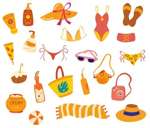 Beach stuff. Swimwear, flip Flops, ball, bags, drinks, cream and towel. Sun p Stock Illustration