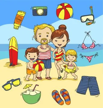 Beach in summer icon set with family themed Stock Illustration