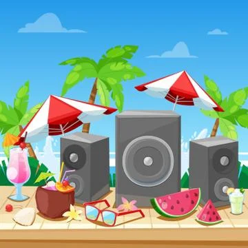 Beach summer party concept. Vector banner, poster, flyer design. Music loudsp Stock Illustration