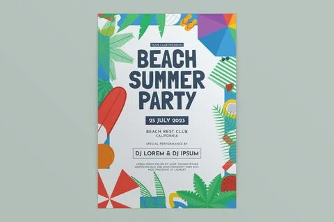Beach Summer Party Flat Design Flyer Template A4 库存插图