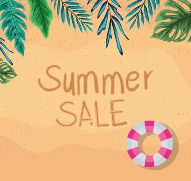 Beach with summer sale float and leaves top view vector design Stock Illustration