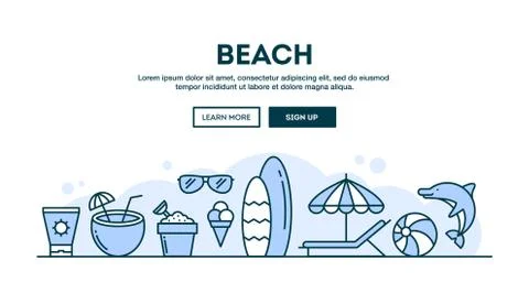 Beach, summer vacation, concept header, flat design thin line style Stock Illustration