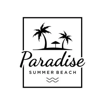 Beach summer vacation creative logo template with waves, palm trees and sur.. Stockillustratie