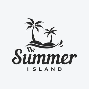 Beach summer vacation creative logo template with waves, palm trees and sur.. Illustrazione stock