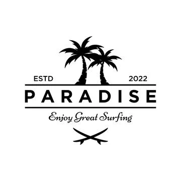 Beach summer vacation creative logo template with waves, palm trees and sur.. Illustrazione stock