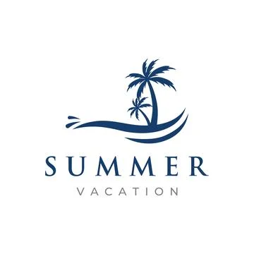 Beach summer vacation creative logo template with waves, palm trees and sur.. Stock Illustration