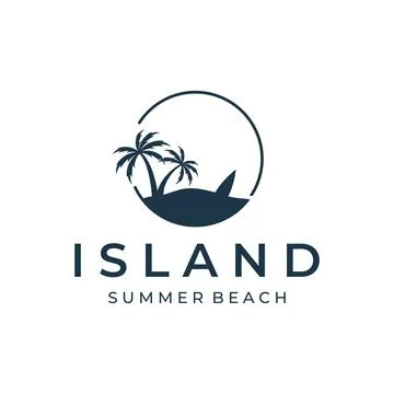 Beach summer vacation creative logo template with waves, palm trees and sur.. Illustration