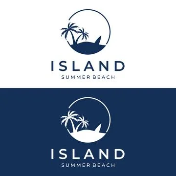Beach summer vacation creative logo template with waves, palm trees and sur.. Stock-Illustration