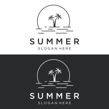Beach summer vacation creative logo template with waves, palm trees and sur.. Illustrazione stock