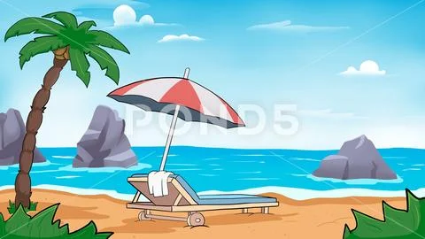 Beach with sun bed lounger and umbrella. PSD-Vorlage