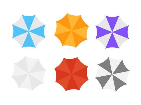 Beach sun umbrellas top view icons. Set of parasol with colored striped patte Stock Illustration