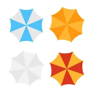 Beach sun umbrellas top view vector icons. Set of parasol with colored stripe Stock Illustration