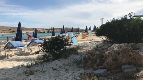 Beach Sunbeds and Umbrellas at Beach Landscape Stock Footage 101247151