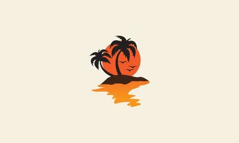Beach sunset with coconut tree and flying bird logo vector icon symbol grap.. Illustrazione stock