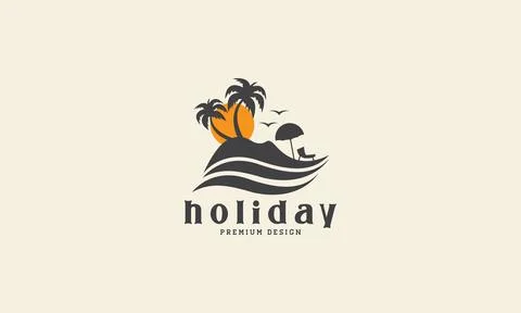 Beach sunset with coconut tree and wave vintage logo vector icon symbol gra.. Stock Illustration