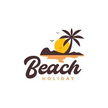 Beach sunset with coconut trees flying bird relax holiday vintage colorful .. 스톡 일러스트