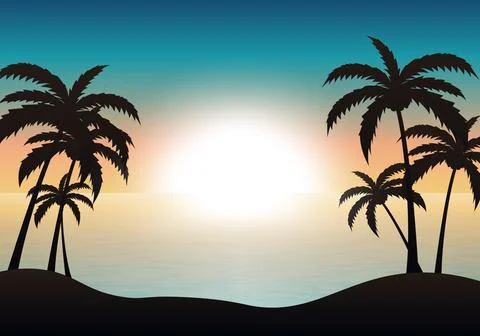 Beach sunset landscape background. Vector illustration. Illustrazione stock