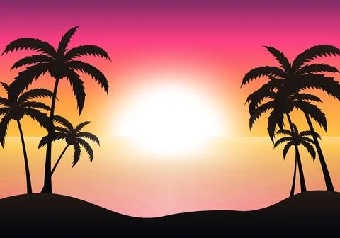 Beach sunset landscape background. Vector illustration. Illustrazione stock