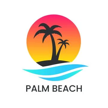 Beach sunset logo on white backdrop. Palm tree silhouette and blue wave. Vaca Stock-Illustration