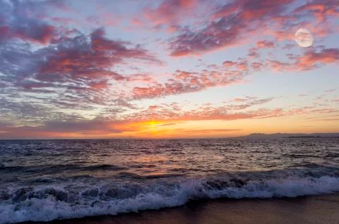 Beach Sunset Moon Stock Photos