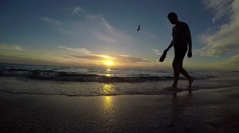 Beach Sunset silhouette walking on beach 4k Stock Footage 49092323