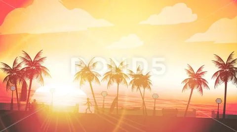 Beach Sunset Walkway with Man Sitting in the Foreground and Palm Trees - Ve.. Stock Illustration