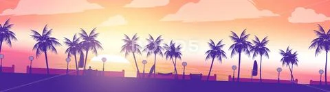 Beach Sunset Walkway Palm Trees Panorama - Vector Illustration Stock Illustration