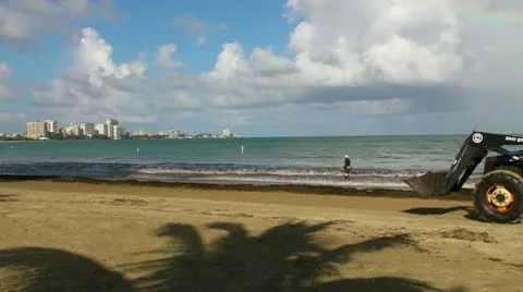 Beach sweaper- pollution trash cleaner tractor truck 3 Stock Footage 8981384