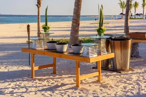 Beach Table Tropical Decor Ocean View Stock Photos