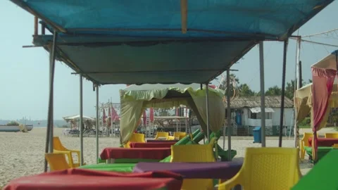 Beach Tents and Empty Seaside Seating Stock Footage 329469944