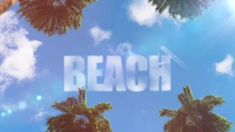 "beach" text in the sky in the form of clouds 3d animation theme of tourism Stock-Footage 116791094