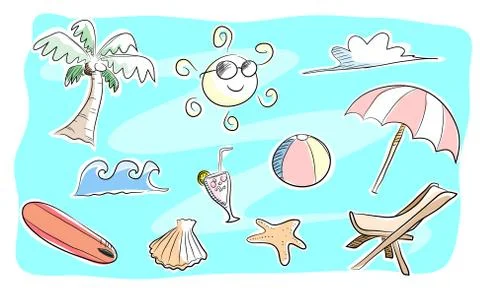 Beach Theme Doodle Set Icons Stock Illustration