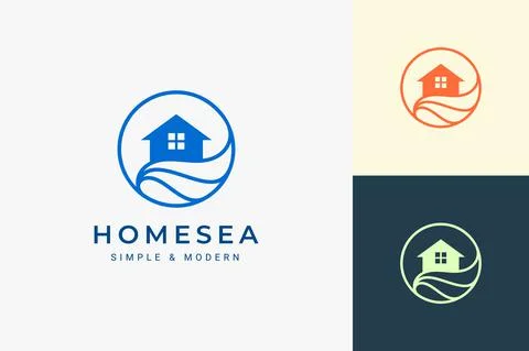 Beach theme resort or real estate logo with sea wave and circle Illustrazione stock