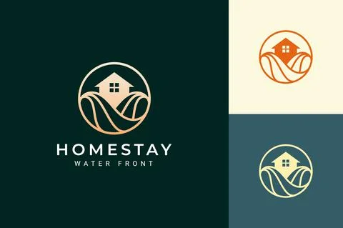 Beach theme resort or villa logo with luxury ocean wave and circle Stock Illustration