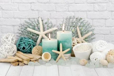Beach theme spa concept with ocean elements Stock Photos