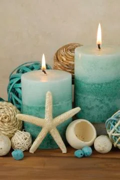 Beach theme spa concept with ocean elements on a warm wooden background Stock Photos